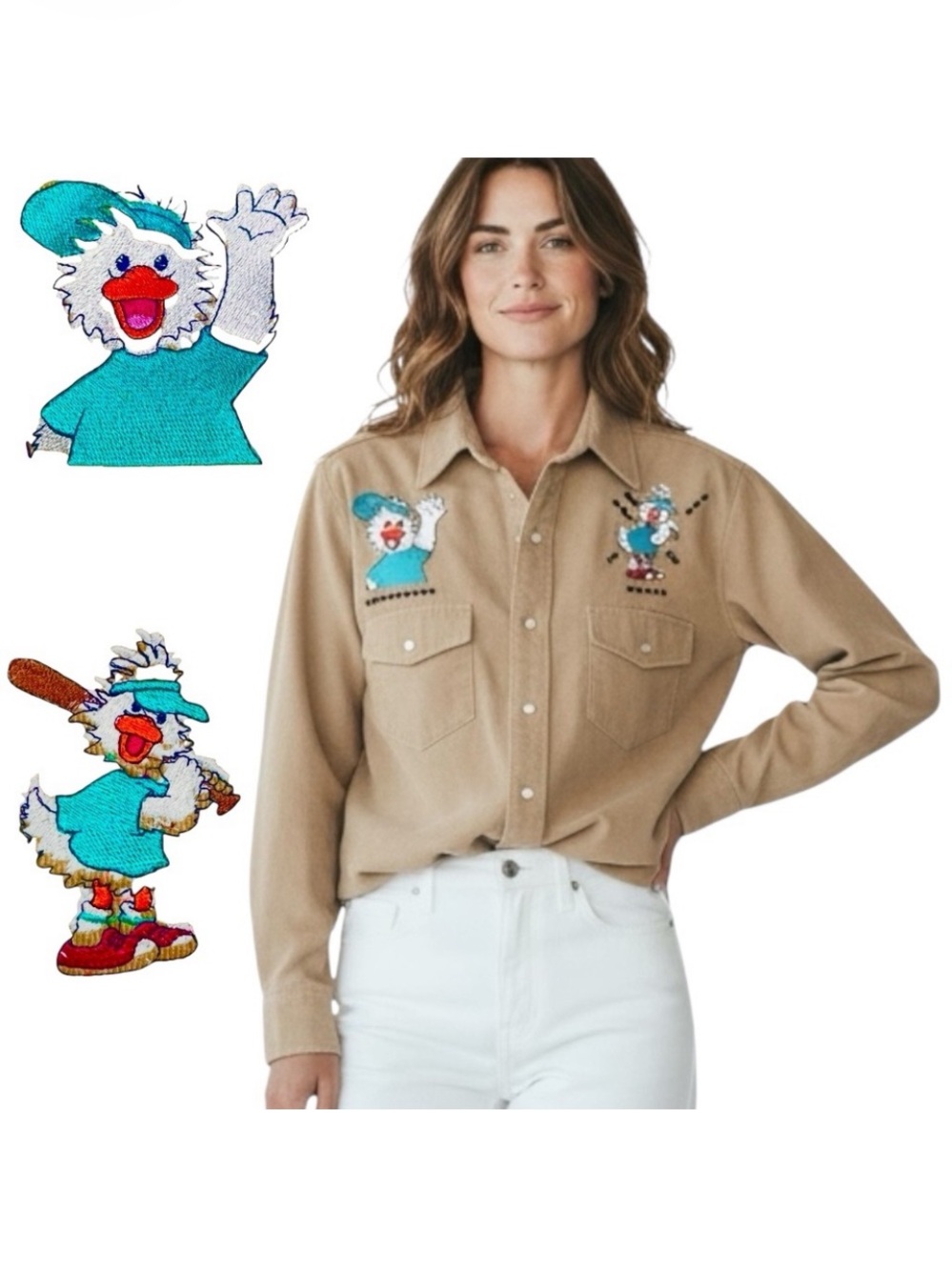 Vtg 80s Windbreaker Corduroy Shirt  Embroidery Jack Quacker Tan Button Up Sz M